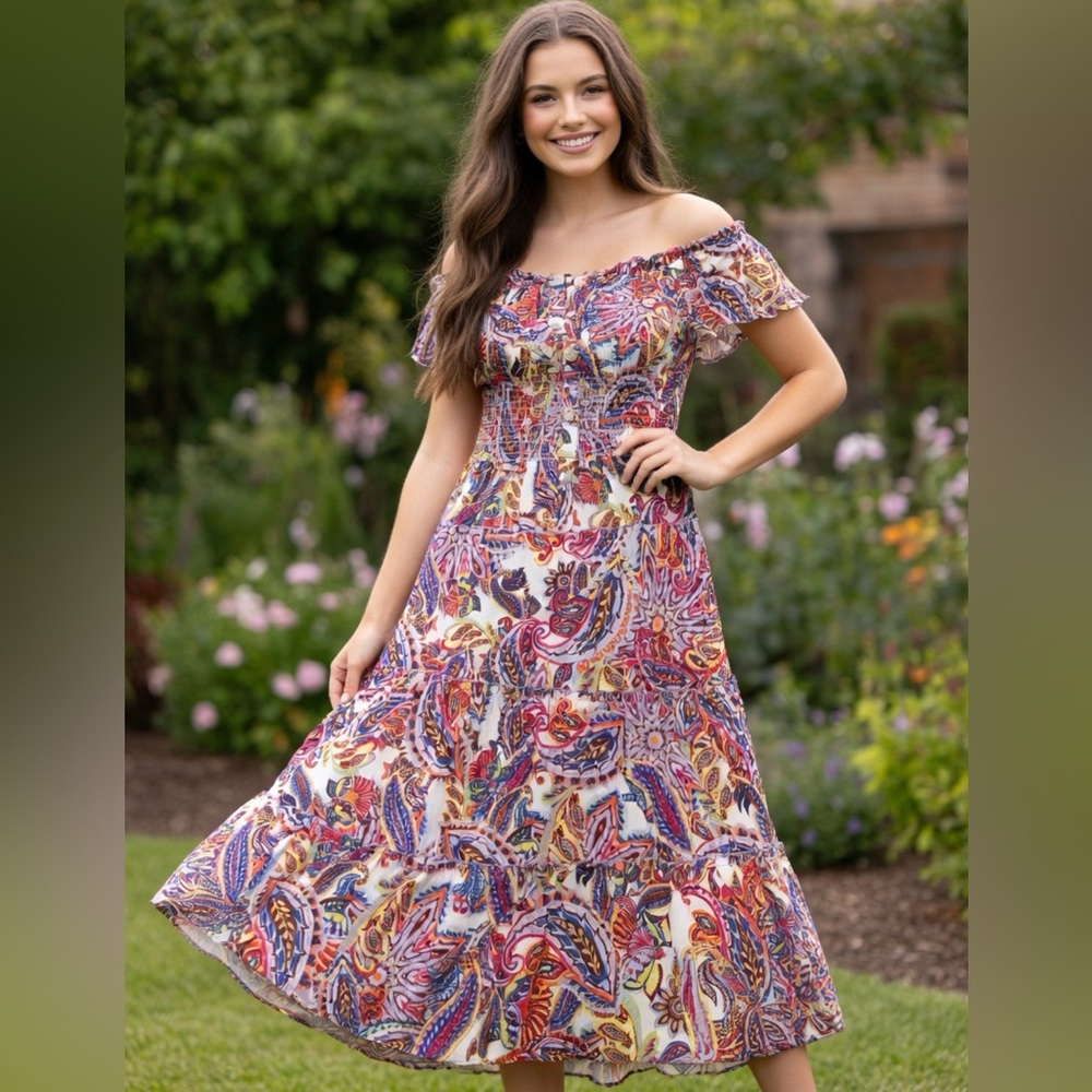 Figueroa & flower Paisley Print Long Tiered Off Shoulder Boho Dress Size L
